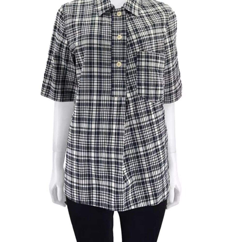 Black & White Plaid Button-Up Short Sleeve Top